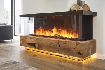 Naklejka premium Electric fireplace providing warmth and comfort in a modern living room with wooden floor and design furniture