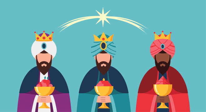 Three wise men dressed in colorful robes and turbans holding golden chalices with gifts under a bright shining star.