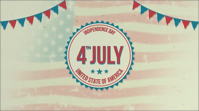 vintage greeting indipendence day united state of america animation. with double explosion confetti left - right. waving us flag in the background