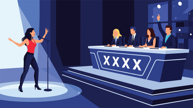 Talented woman performs a song on stage during a television talent show competition in front of a panel of four professional judges.