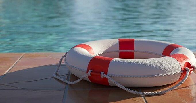 Life preserver on poolside with blue water background