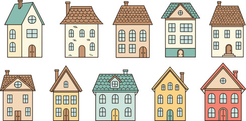 Fototapeta premium Cute House Building Icons Set With Colorful Residential Homes And Architecture Flat Vector Illustration