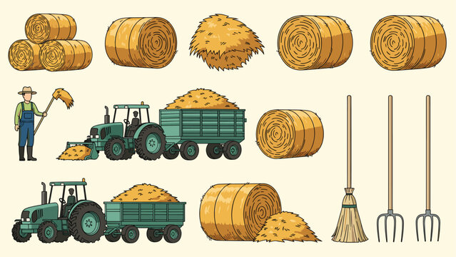 Comprehensive set of agricultural icons including green tractors with trailers full of hay and various farming equipment.