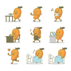 Naklejka premium Cute mango character mascot set showing daily routine activities like cleaning reading writing sleeping and exercising isolated on white background vector illustration