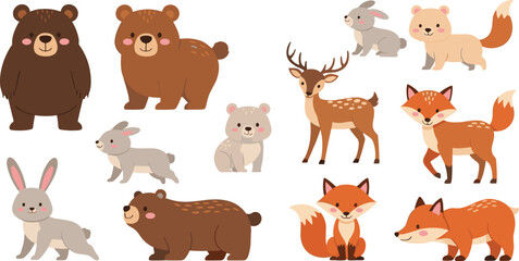 Fototapeta premium Cute Forest Animal Characters Set With Bear Rabbit Deer Fox And Woodland Creatures Cartoon Vector Illustration