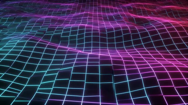 A neon-lit grid, undulating across the frame. The colors morph from blue to pink, creating a sense of dynamic movement and depth