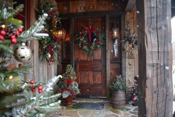 Obraz premium Festive christmas decorations adorn a rustic wooden door of a cozy cabin, creating a warm and inviting atmosphere during a gentle snowfall