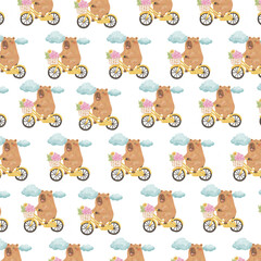 Fototapeta premium Cute Summer Capybara Seamless Pattern, Watercolor Beach Animal Background