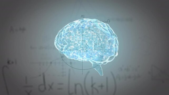 Animation of rotating brain and math formulas on grey background