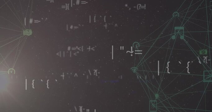 Animation of network of connections with icons on grey background