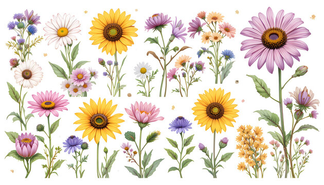 Spring flowers colorful vector set isolated on white background, featuring daisies and sunflowers in various vibrant colors, perfect for spring-themed designs, decorations, graphic projects, and seaso