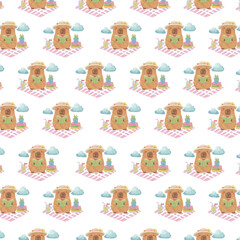 Fototapeta premium Cute Summer Capybara Seamless Pattern, Watercolor Beach Animal Background