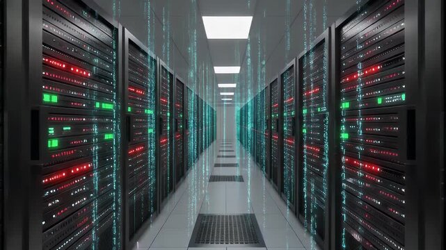 A perspective of a data center. Server racks line the hallway. Lights and displays are active. Digital data streams hover