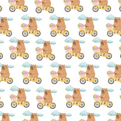 Fototapeta premium Cute Summer Capybara Seamless Pattern, Watercolor Beach Animal Background