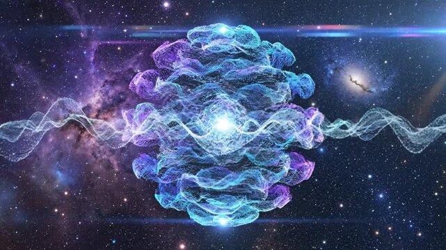 Abstract futuristic cosmic energy sphere with flowing wave particle lines and a starry galaxy background