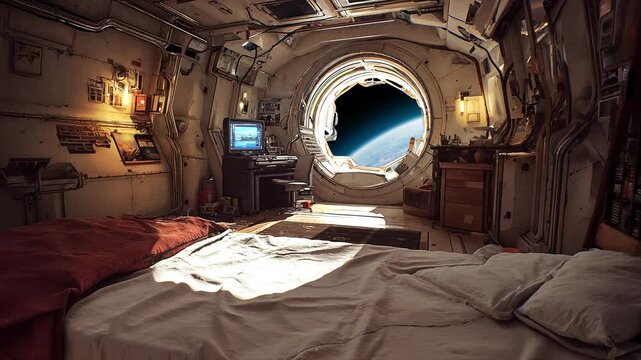 Interior of a Space Station Living Quarters with a View of Earth Through a Window | Quiet Future Living Space (Seamless Loop)