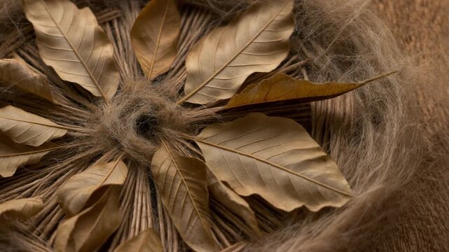 A close-up of a circular arrangement of dry, brown leaves with a fuzzy texture