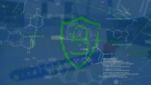 Security padlock icon and data processing against chemical structure and green light trails