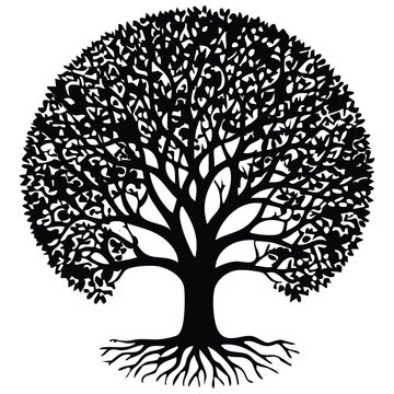 Generate a silhouette of a mature, stylized tree with a perfectly rounded, dense canopy, its branches intricately interwoven, forming a cohesive circular shape. The trunk should be thick and sturdy, t