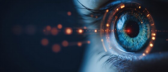 Futuristic biometric retina scanner concept. Macro human eye looking at glowing amber digital interface rings. Cyber security vision and artificial intelligence observation © Chayada
