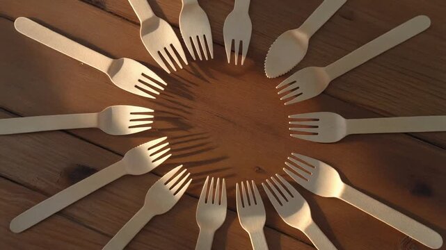 A collection of wooden forks arranged in a circle on a wooden surface, each with a similar design and shape