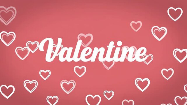 Vibrant motion graphic features animated valentine script text and floating white hearts on a warm pink background.