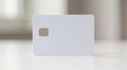 Blank white smart card with embedded chip on reflective surface and blurred background. Ideal for security, payment, or identification visuals