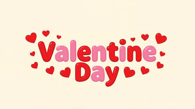 Cheerful cartoon footage displays pink and ruby valentine text, dynamically surrounded by tiny hearts.