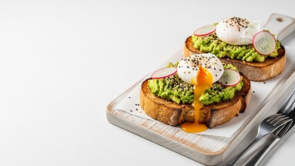 Delicious Avocado Toast with Poached Egg and Radish on White Background