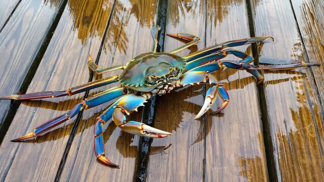 A close up of a live blue crab with a sharp claw rests on a rustic wooden dock