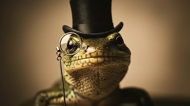 Sophisticated Lizard in Top Hat and Monocle a Dapper Reptilian Gentleman.