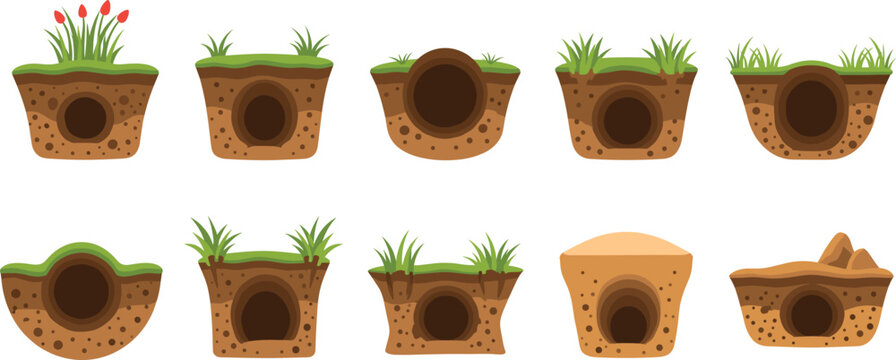 Underground Animal Burrow And Hole Set With Soil Cross Section Grass And Dirt Terrain Flat Vector Illustration
