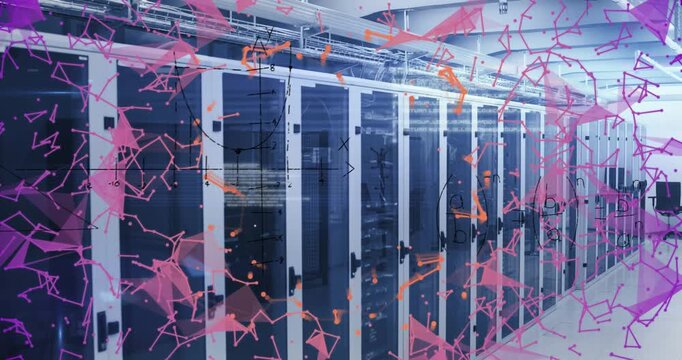Animation of networks of connections, data and maths calculations over computer server room