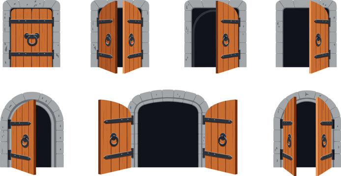 Medieval Wooden Castle Doors Set With Open And Closed Stone Arch Entrances Flat Vector Illustration