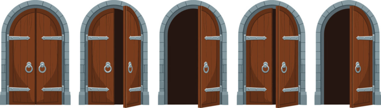 Medieval Wooden Castle Door Set With Open And Closed Stone Arch Entrances Flat Vector Illustration
