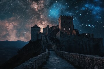 Majestic castle under a starry sky with vibrant galaxy backdrop at night