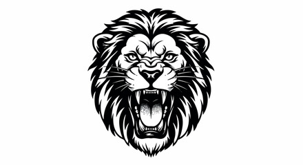 Obraz premium A black and white illustration of a roaring lion's head with a fierce expression on a plain white background.