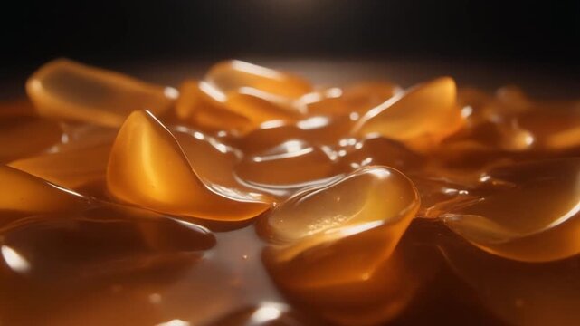 A close-up view of shiny, burnt orange-colored gooey caramel candy pieces on a dark background