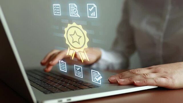 Person using a laptop to check performance metrics and quality assurance documents in an office setting during the daytime.