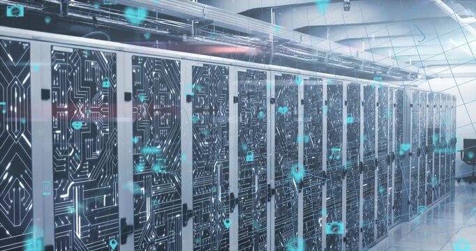 Animation of mathematical equations, icons and data processing over computer servers