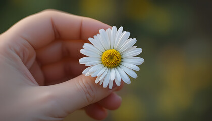 Hand holding a freshly picked daisy, delicate petals symbolizing spring, renewal, and new beginnings, captured with tender care, natural light, and soft focus to highlight the flower's purity and beau
