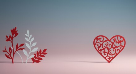 Delicate red filigree heart and floral sprigs on a soft gradient background