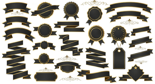 Luxury Black and Gold Ribbon Banners and Vintage Badges Collection