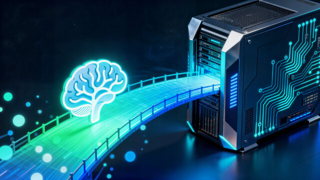 Glowing digital bridge connecting human brain to computer symbolizing ai and technology integration in a futuristic setup