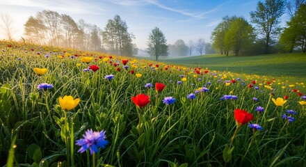 Obraz premium A serene meadow filled with colorful wildflowers swaying gently in the morning breeze at sunrise from a low viewpoint