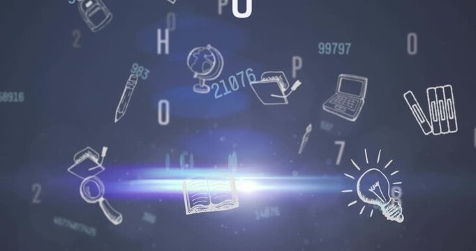 Animation of falling icons and numbers over black background