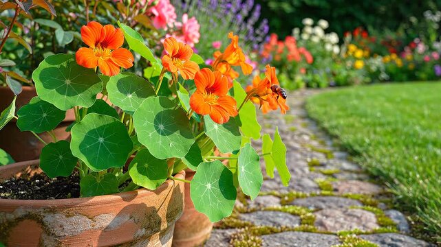 Vibrant Nasturtium Flowers in Pots with Bee Visiting in a Lush Garden Setting