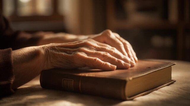 Elderly hands resting on an aged book in warm intimate painterly light