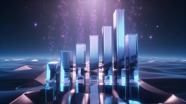 Firefly: a dramatic 3d bar graph rises from a glossy reflective data scape with tall metallic pillars