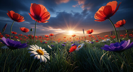 Fototapeta premium Vibrant Poppy Field at Sunset with Dewdrops